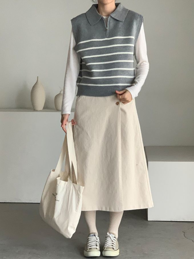 韓國女裝連線 - 拉鍊翻領條紋針織背心-灰 (FREE)