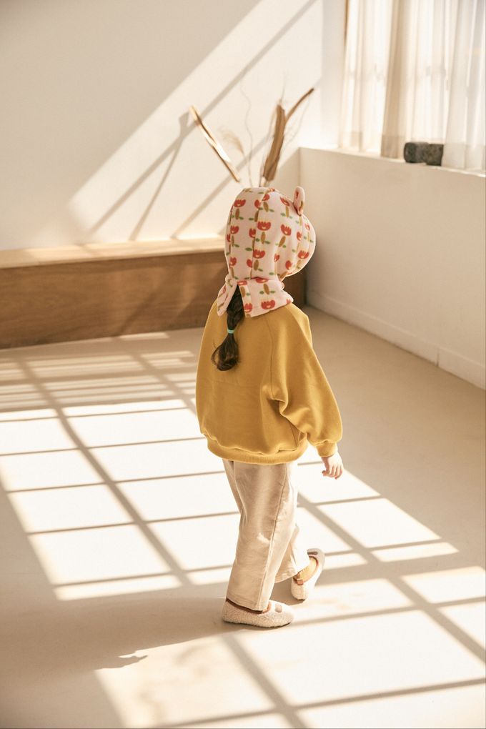 韓國 Mimico - (內磨毛)動物印圓領大學T-狐狸-芥黃