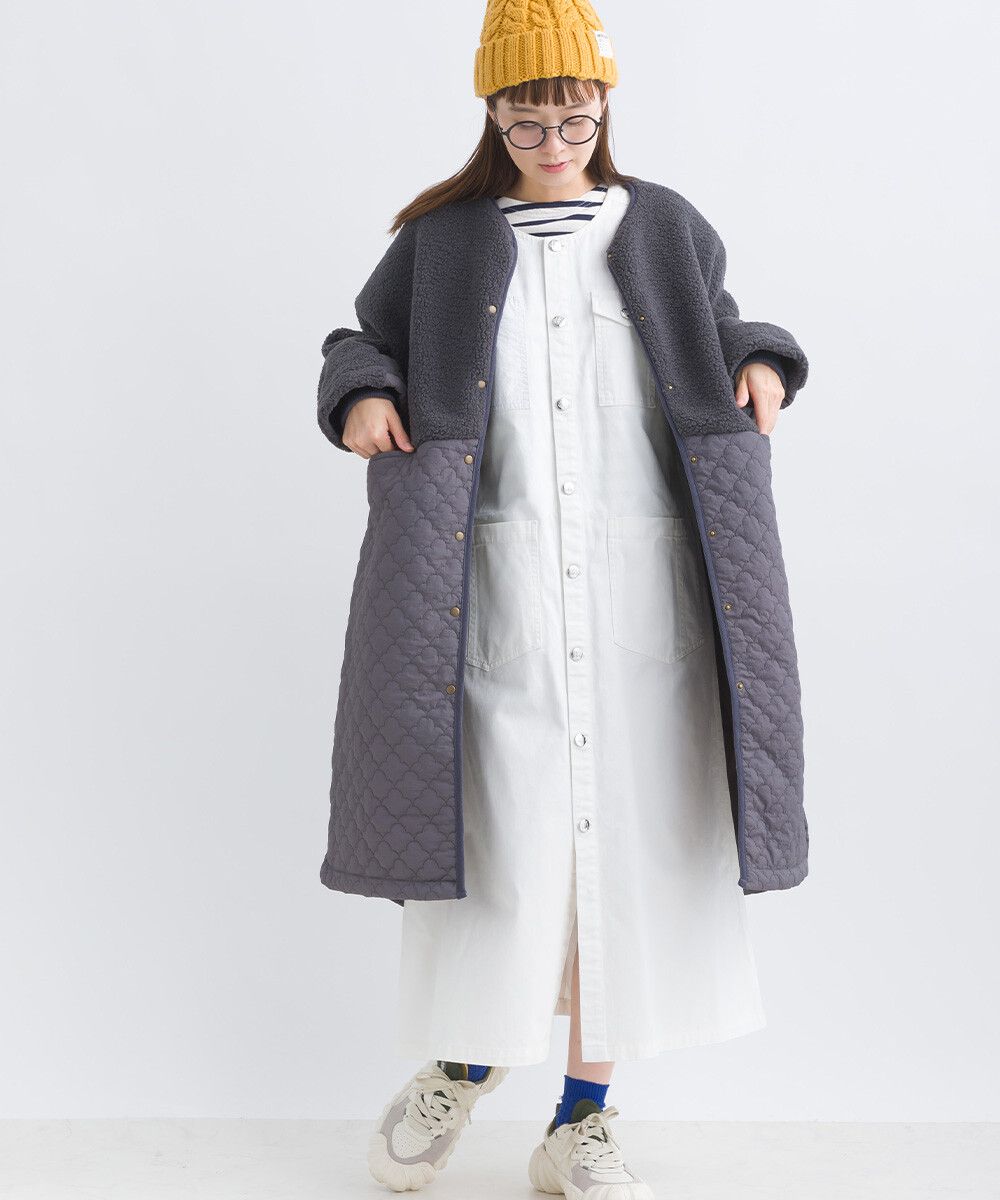 日本女裝代購 - 毛茸雲朵絎縫拼接長版鋪棉外套-軍綠