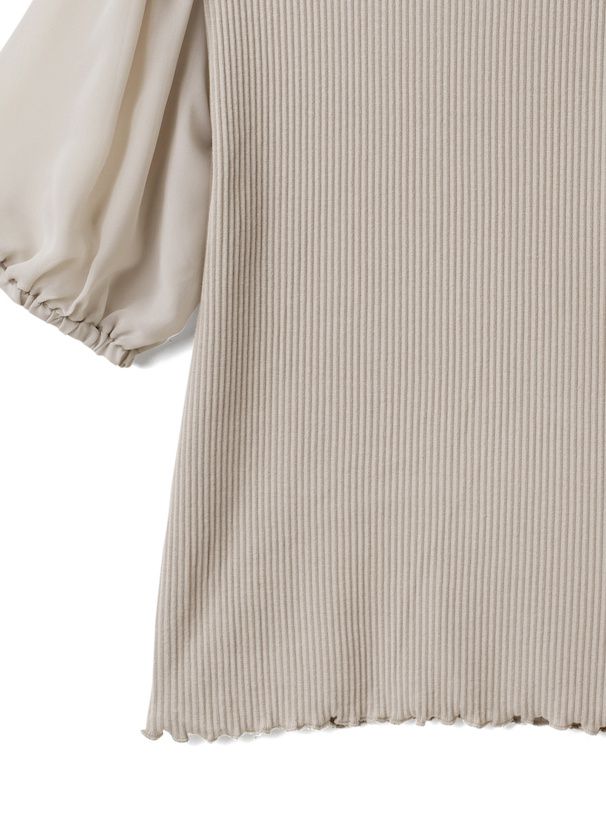 日本 GRL - 異材質拼接薄紗短袖上衣-灰杏