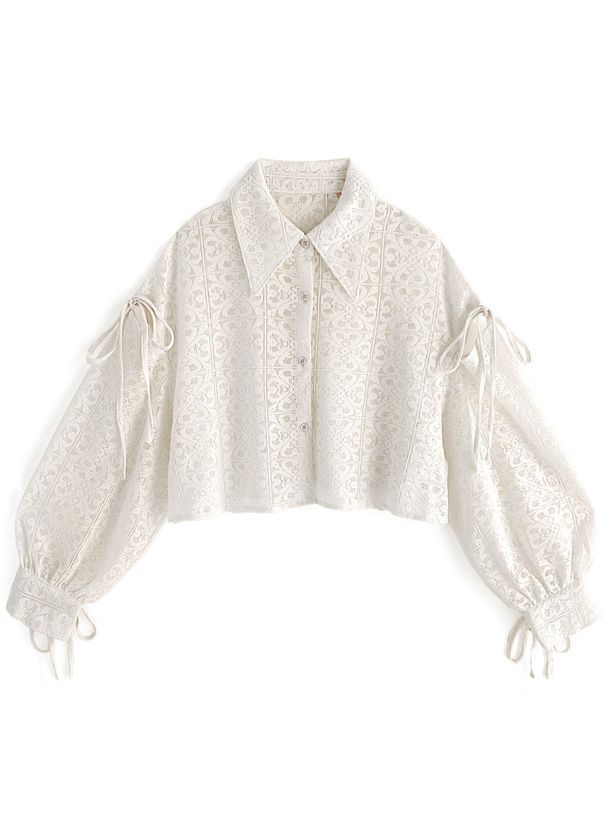 日本 GRL - 幾何雕花短版長袖襯衫-米杏 (F)