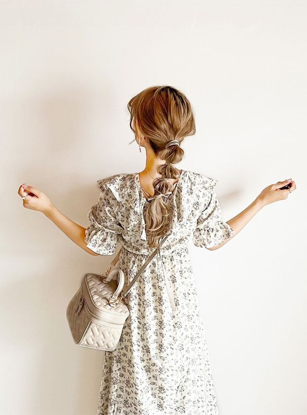 日本 GRL - 浪漫滿屋荷葉袖雪紡碎花洋裝-象牙杏