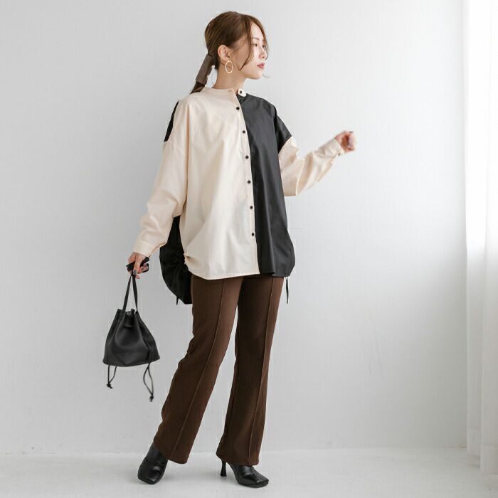 日本 ihuu - 側抽繩條紋撞色長袖襯衫-奶茶