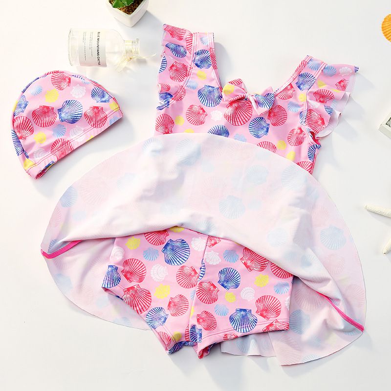 荷葉袖背心連身泳裝(不含泳帽)-滿版貝殼-粉色