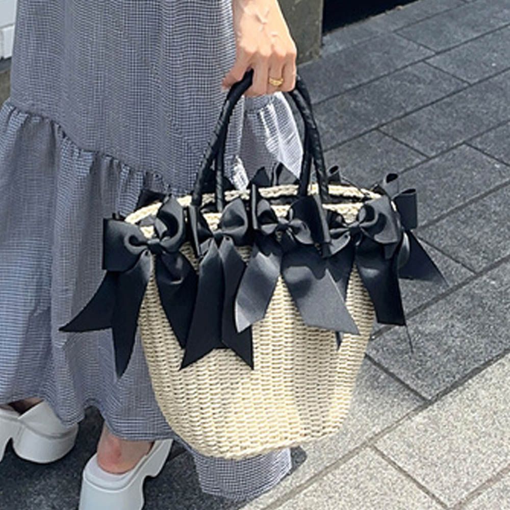 俏麗多重蝴蝶結藤編手提包-黑 (F)