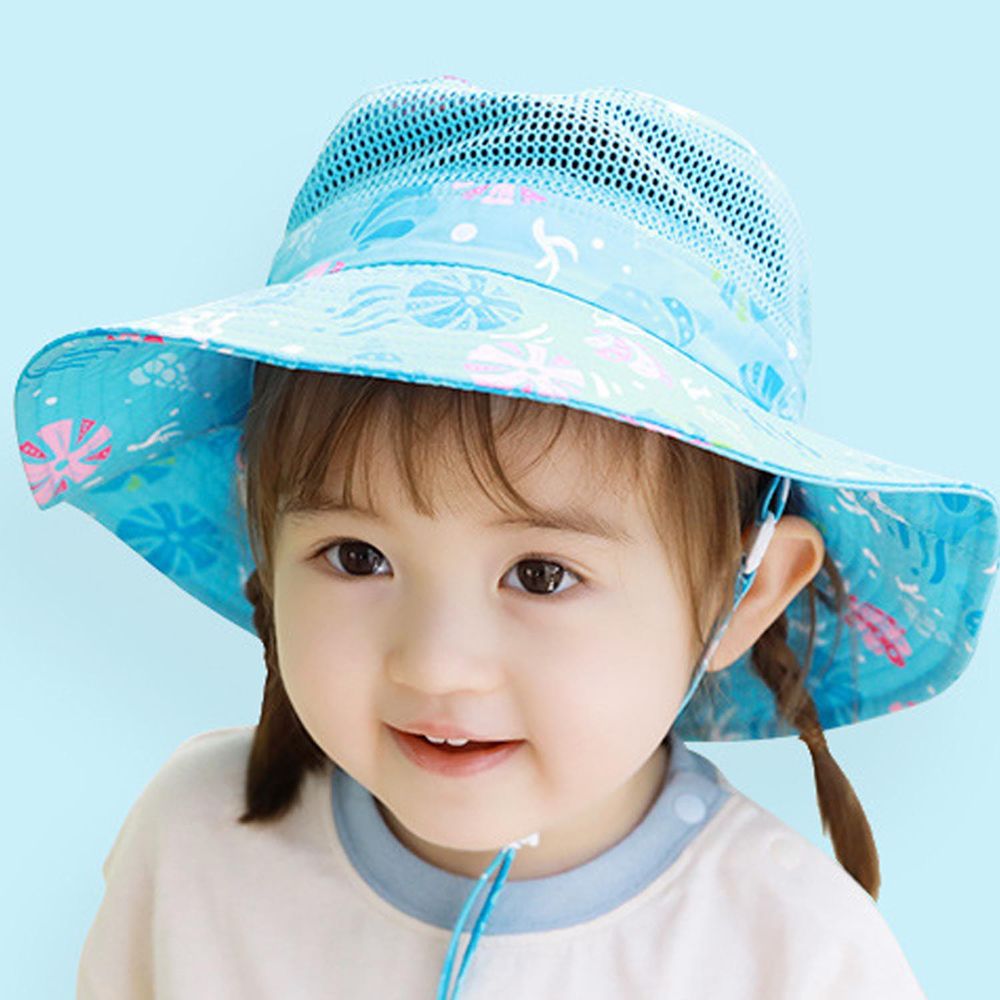可調節兒童大帽簷防曬遮陽帽-貝殼海洋-淺藍色