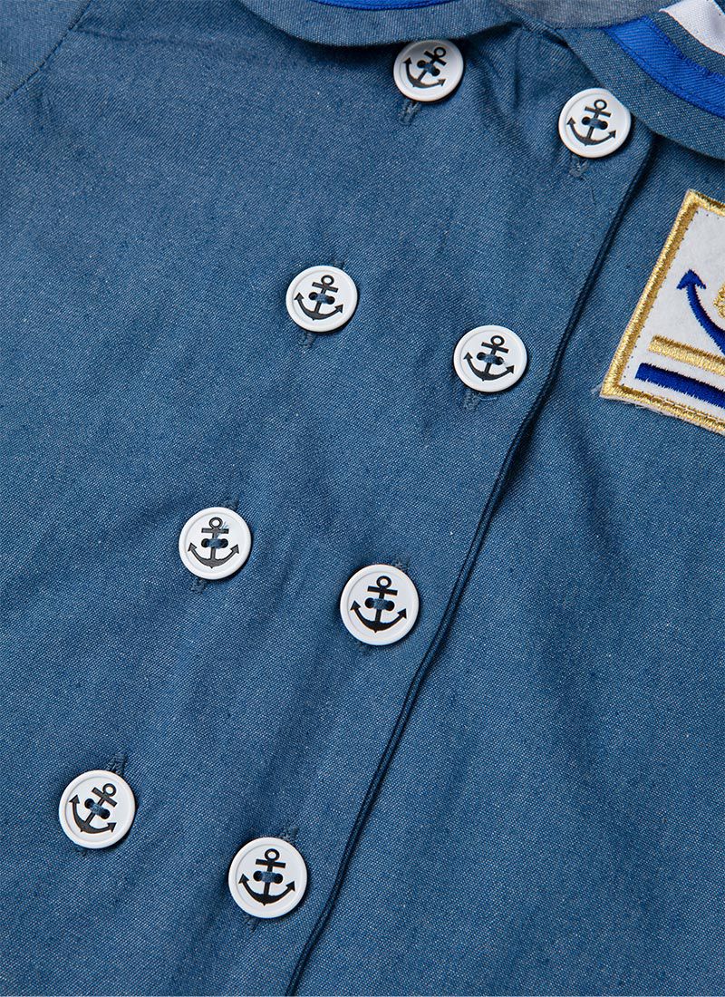 韓國 OZKIZ - 丹寧水手翻領排釦套裝-丹寧藍