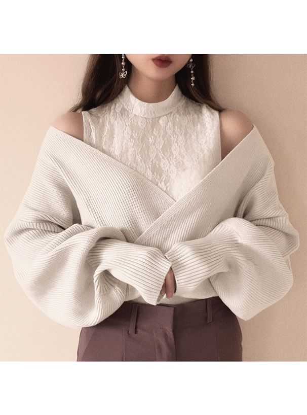 日本 GRL - 蕾絲緹花羅紋泡泡袖針織上衣-淺灰杏