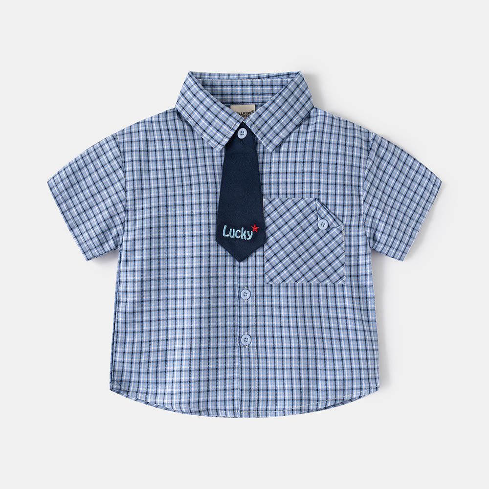 純棉休閒翻領短袖襯衫-小領帶-藍色格紋