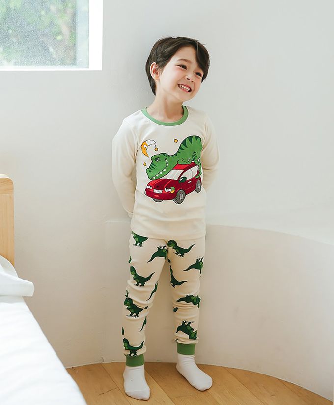 正韓 Puco - 超優質嬰幼兒/兒童長袖100% 有機純棉家居服/睡衣-恐龍與車