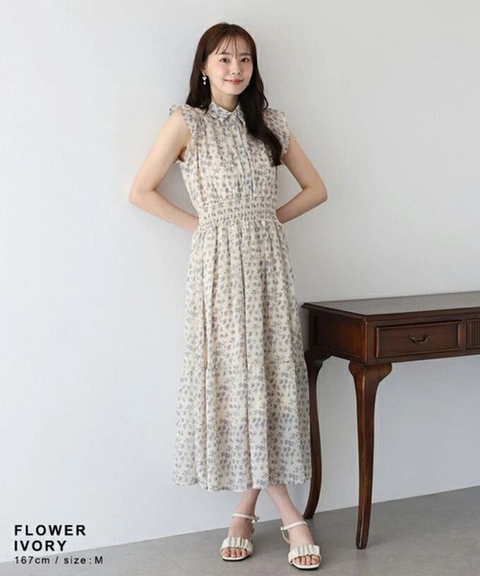 日本 BLUE EAST - 甜美雪紡束腰小荷葉無袖洋裝-碎花-米杏 (M)