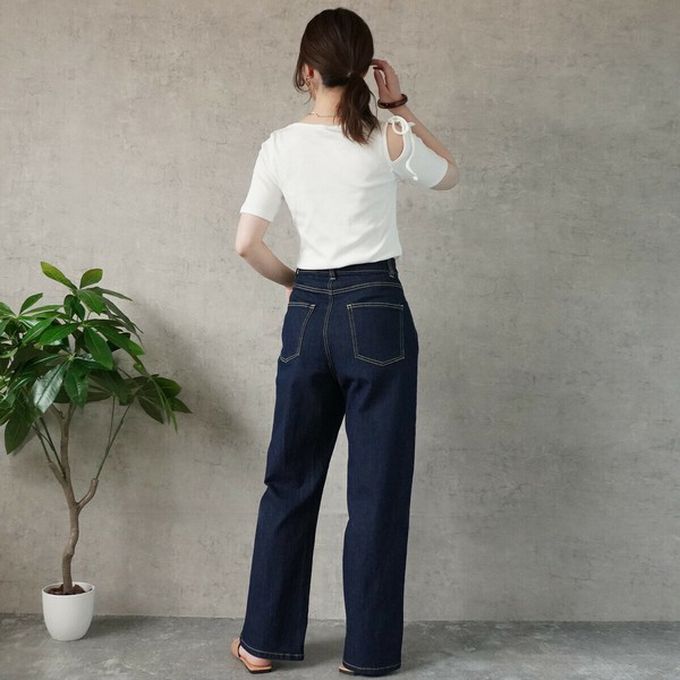 日本女裝代購 - 彈力修身高腰直筒丹寧褲(再生環保材質)-刷色藍