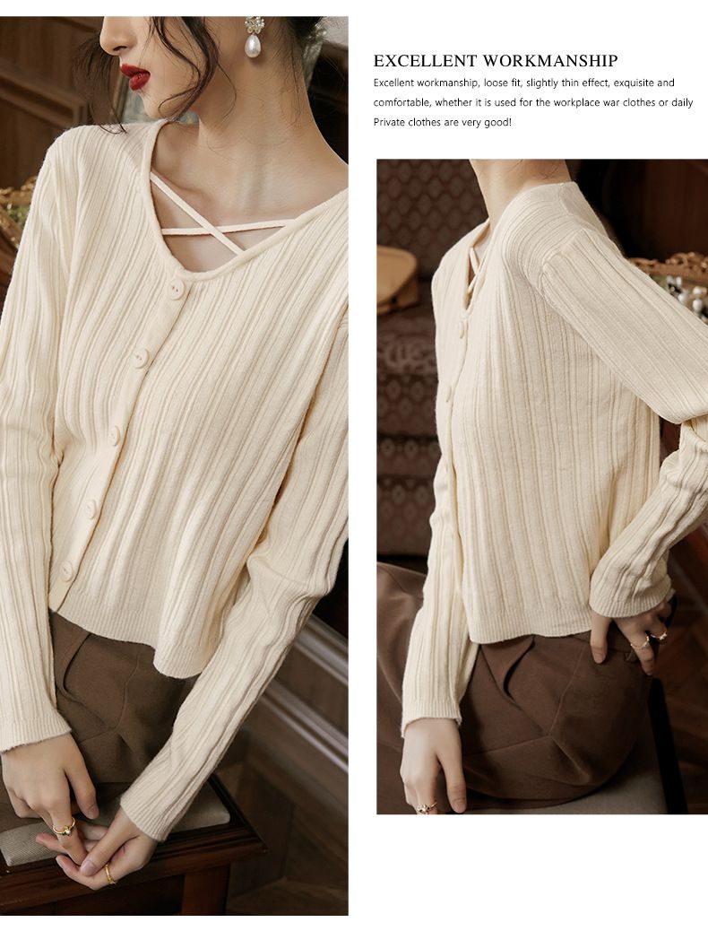 V領綁帶坑條長袖針織上衣-杏色