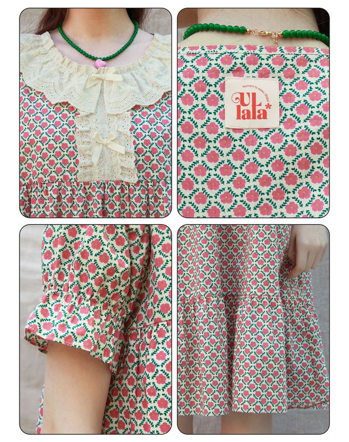 韓國 ULLALA - 花印領口蕾絲拼接短袖睡裙-粉紅花 (FREE)