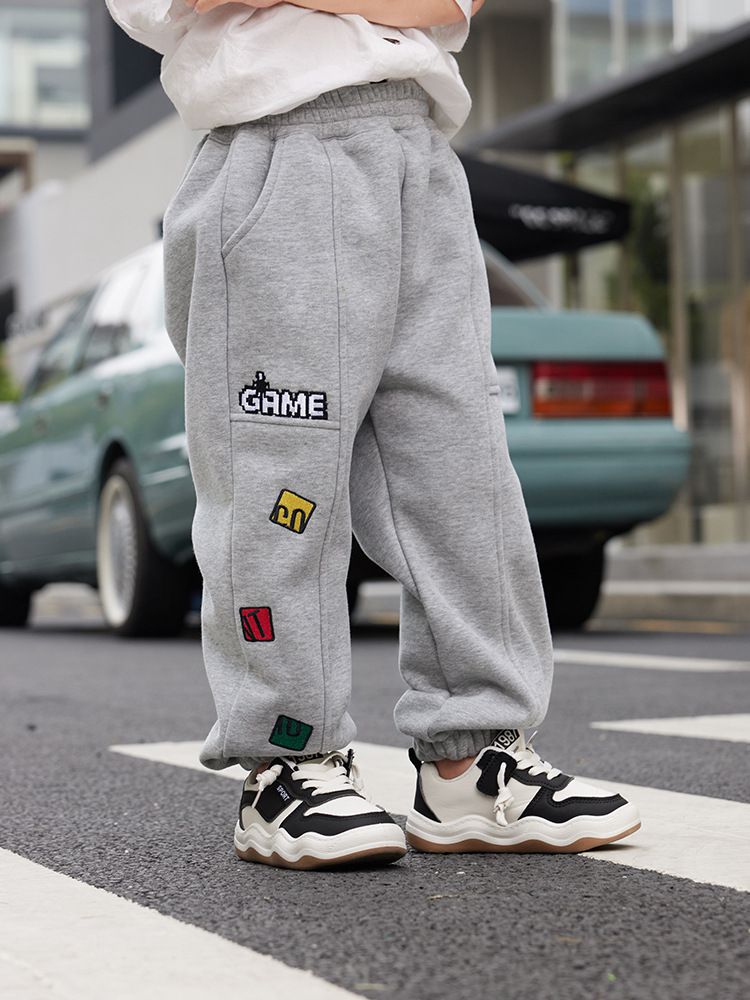 加絨腰鬆緊休閒保暖束口長褲-GAME-深灰色