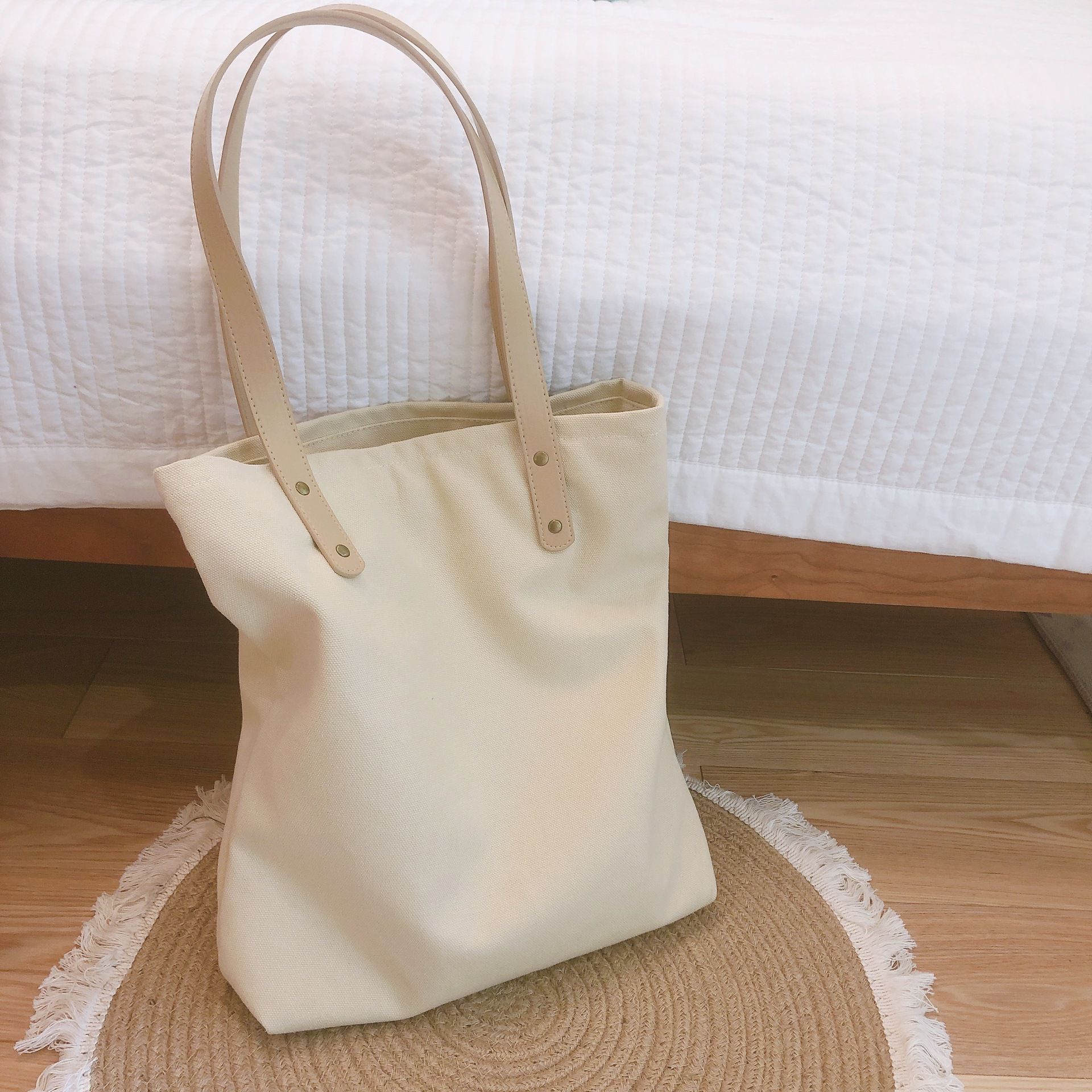 純色帆布單肩包/托特包-杏色 (33x35x7cm)