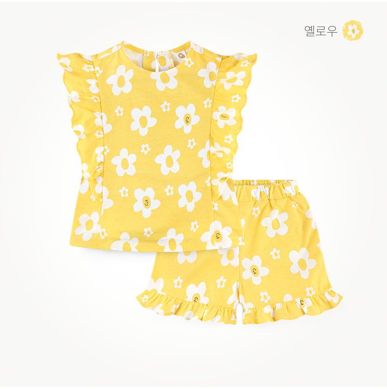 韓國 milk mile - 滿版花朵荷葉點綴套裝-黃X白花