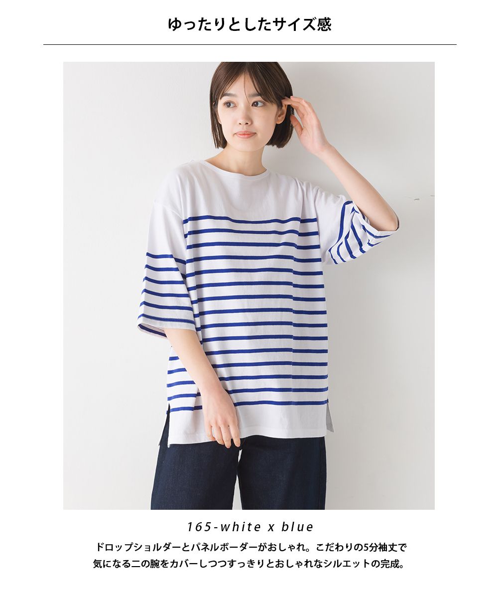 日本 OMNES - 100%棉 圓領條紋五分袖上衣-白x黑