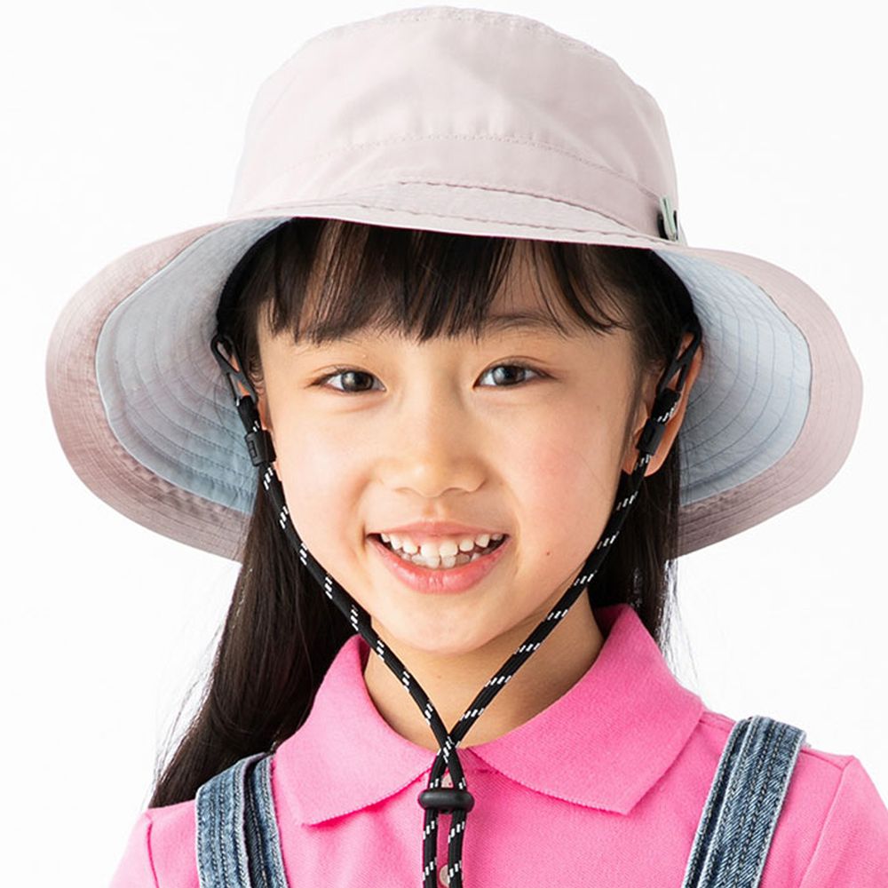 日本 irodori - 抗UV可捲收防潑水遮陽帽(附防風帽帶)-兒童款-灰粉x淺藍內裏 (54cm)