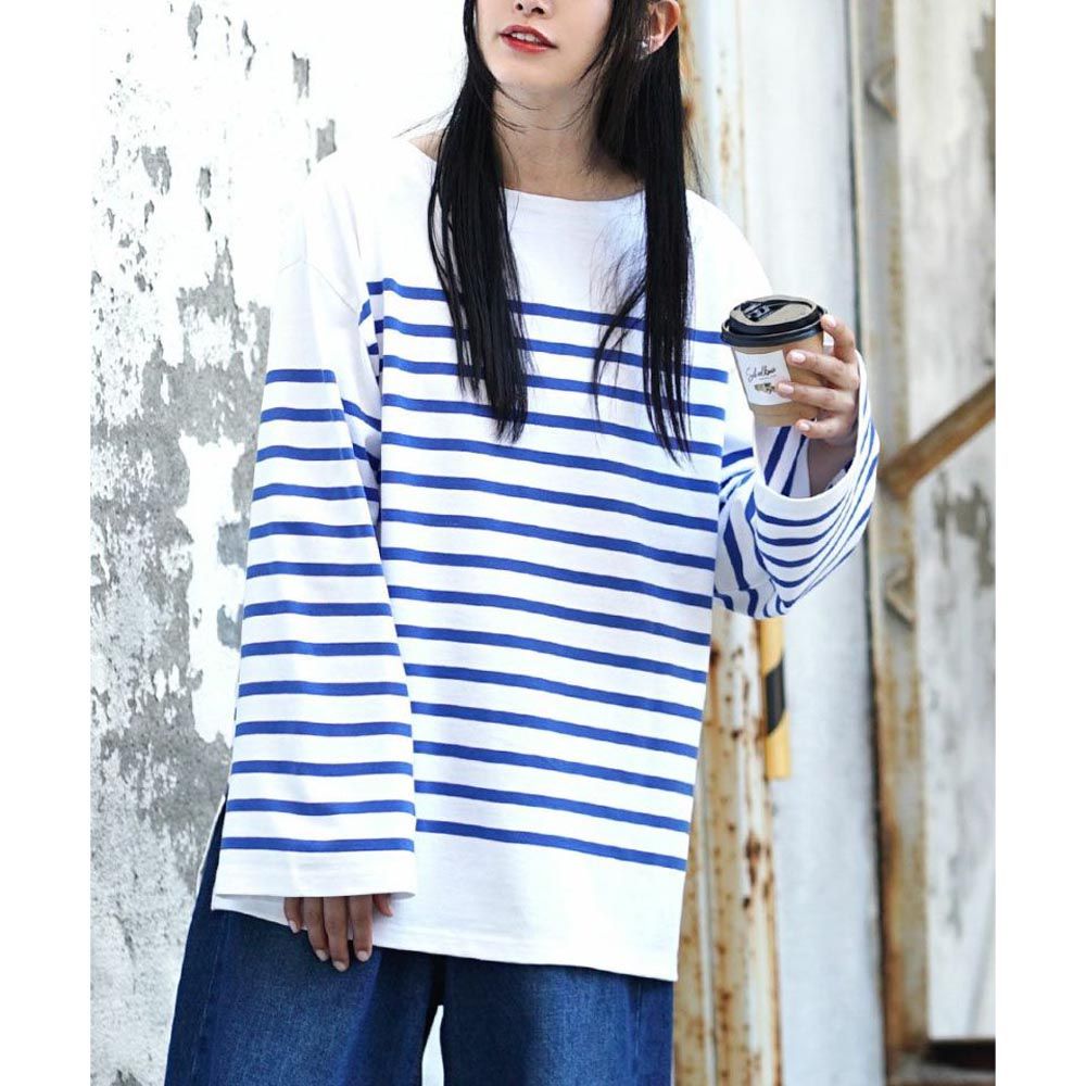 日本 zootie - 抗油污 慵懶感喇叭袖設計上衣-條紋-白x藍