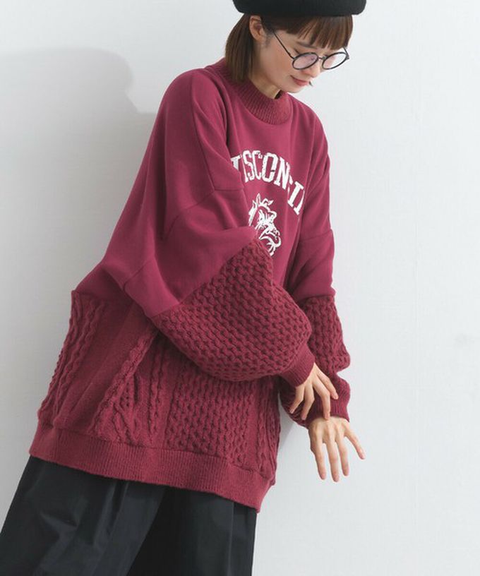 日本 Lupilien - 鬥牛犬印花粗針織拼接裏毛長袖上衣-酒紅