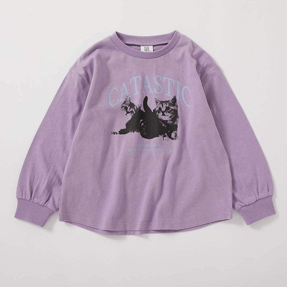 100%棉 定番女孩印花長袖上衣-貓咪-羅蘭紫