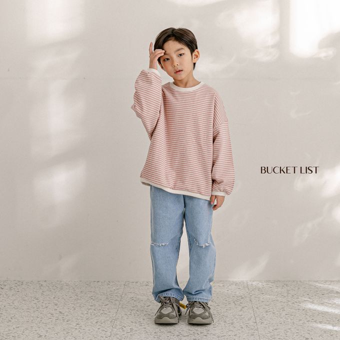 韓國 BUCKET LIST - 寬鬆橫紋大落肩長袖大學T-湖水綠