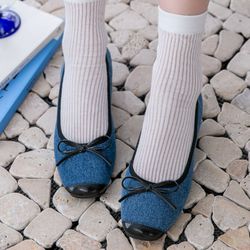 韓國 PINKELEPHANT - 可愛蝴蝶結方頭矮跟鞋(3cm)-丹寧