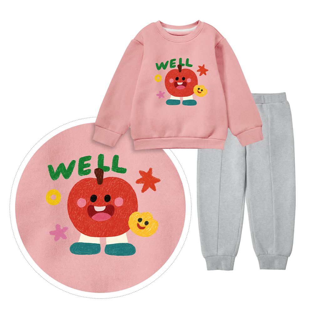 內刷絨長袖上衣+長褲套裝-平平安安-粉x灰