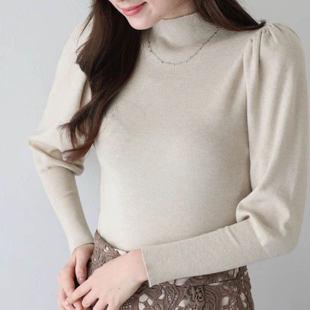 宮廷風百搭針織微高領長袖上衣-米杏
