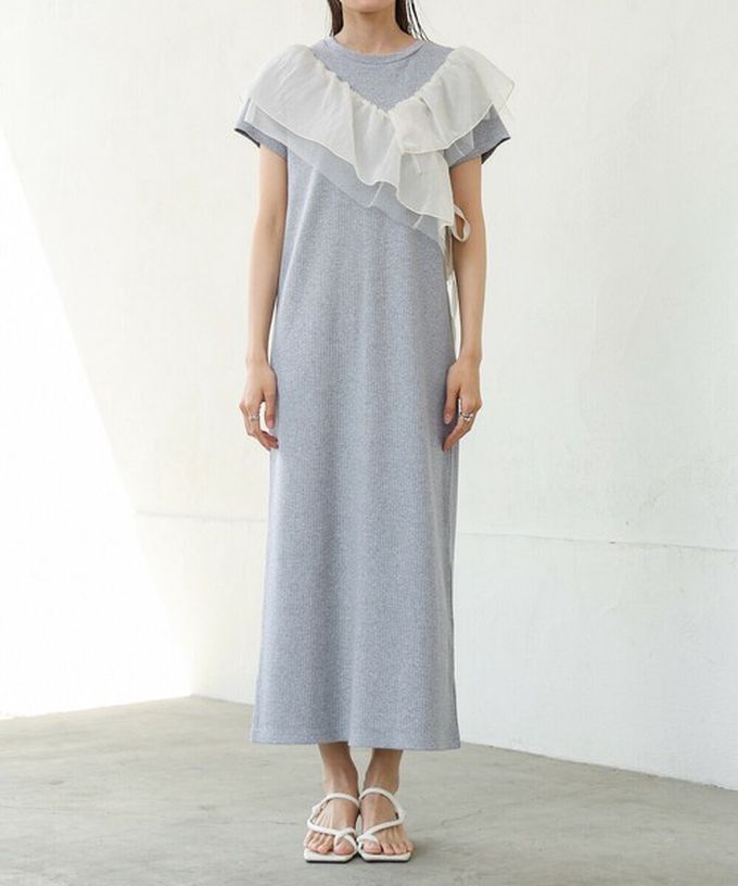 日本 Bab - 不對稱交叉薄紗拼接短袖洋裝-象牙