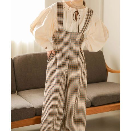 日本 Bab - 文藝少女歐風吊帶褲-格紋-卡其