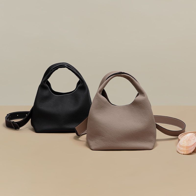 真皮荔枝紋手提水桶包-黑色 (18x22x16.5cm)