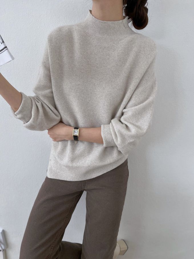 韓國女裝連線 - 斜角側開衩混羊毛針織長袖上衣-可可 (FREE)