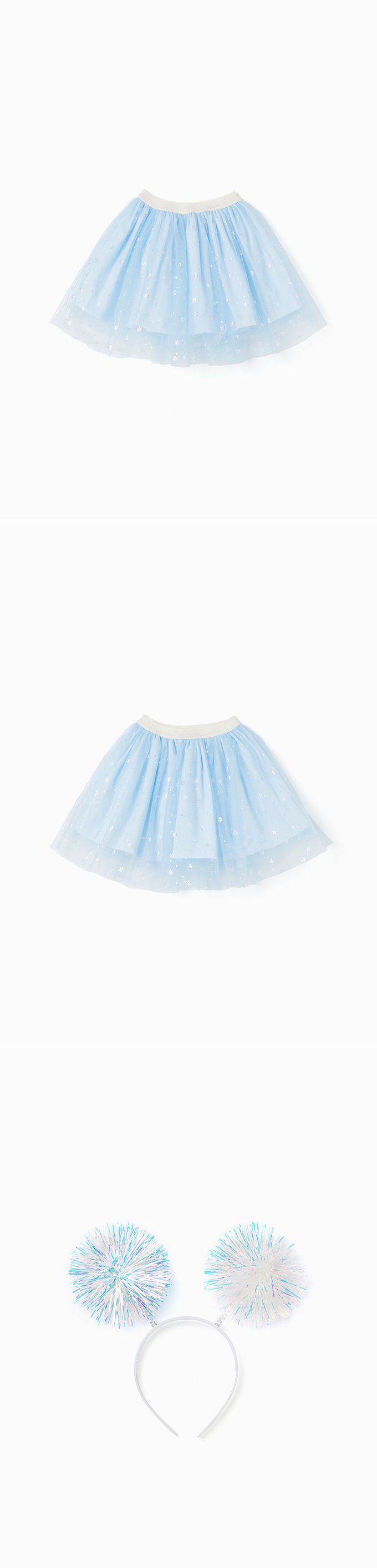 韓國 OZKIZ - (附髮箍)鬆緊腰雪花亮片網紗裙-天空藍