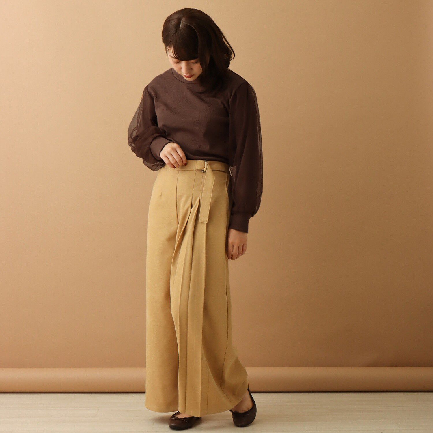 日本 libelle more - 薄紗拼接羅紋長袖上衣-杏