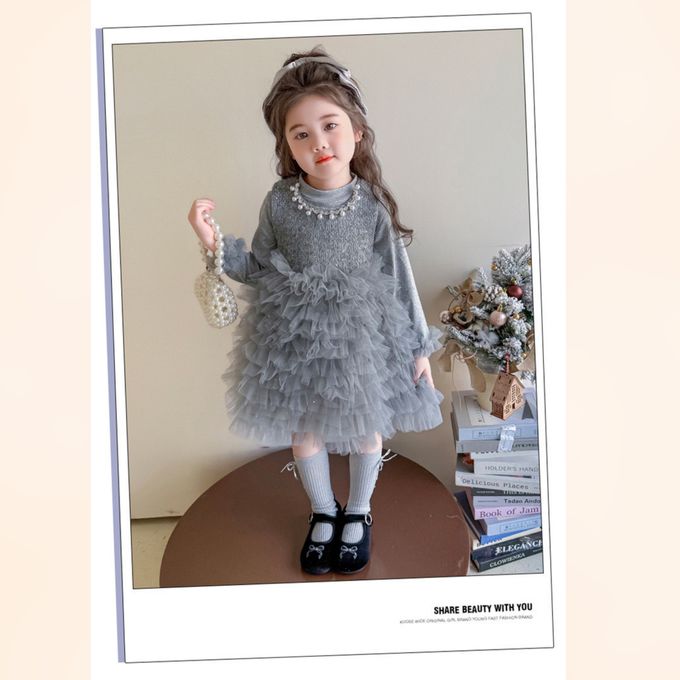 新年拜年Party法式甜美珍珠鑽飾領口網紗蛋糕裙長袖洋裝