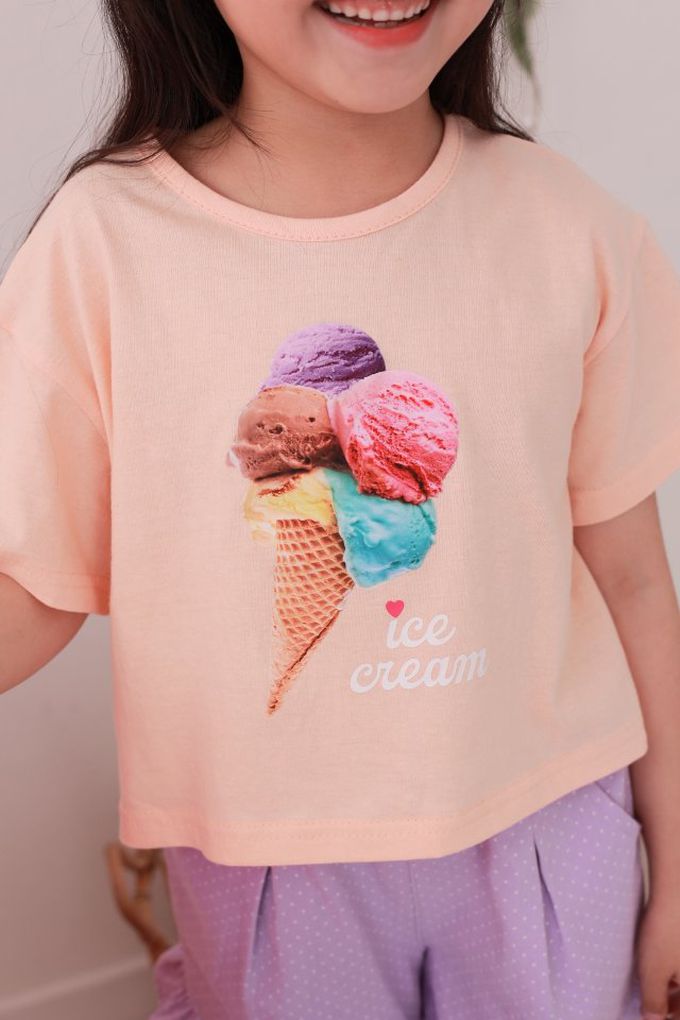 韓國 Dalla - 繽紛甜筒印短袖上衣-珊瑚橘