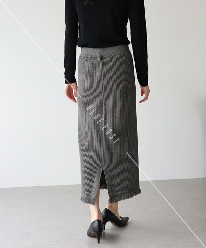 日本 BLUE EAST - 微閃亮羅紋針織流蘇開叉鉛筆裙-灰