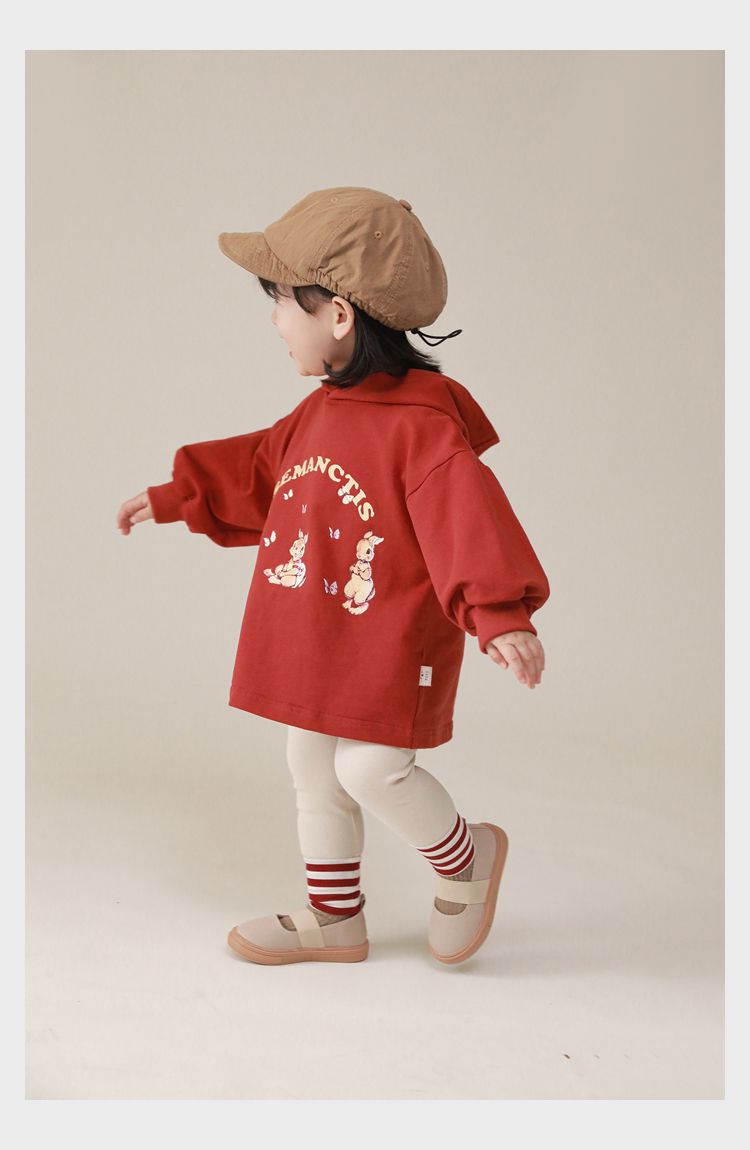 連帽寬鬆長袖帽T-可愛兔兔-紅色