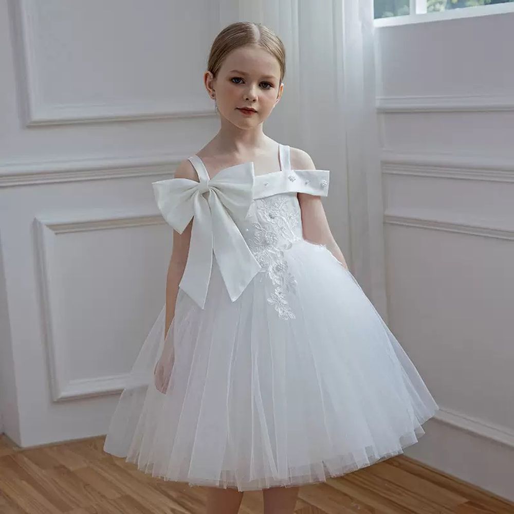 畢業婚禮歐美氣質立體蝴蝶結肩帶平口純白紗小禮服-白色