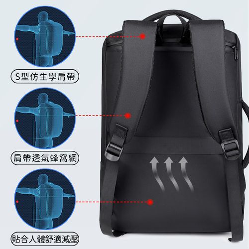抽真空旅行雙肩包/防潑水多功能登機包/180度開合擴充容量後背包(無真空泵)-黑