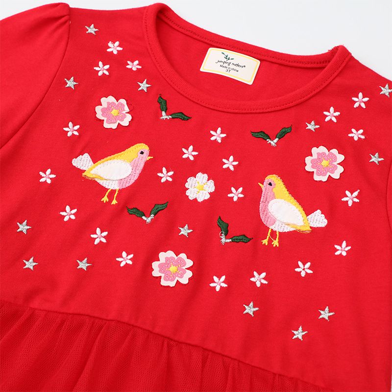 Jumping meters - 棉質圓領長袖連身網紗洋裝-花花與鳥-紅色