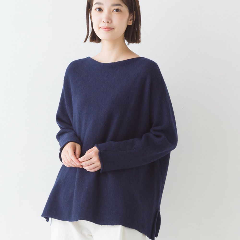 日本 OMNES - 50%羊毛顯瘦船領針織毛衣-海軍藍