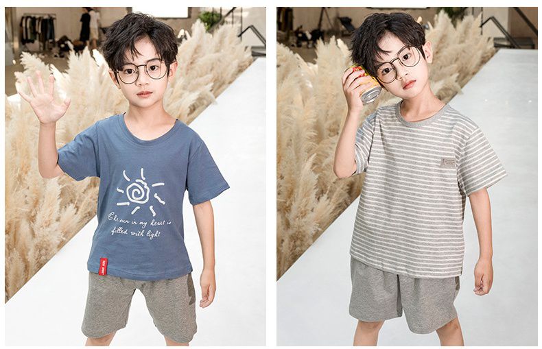 純棉兒童短袖家居服套裝-微笑太陽花-莫蘭迪綠