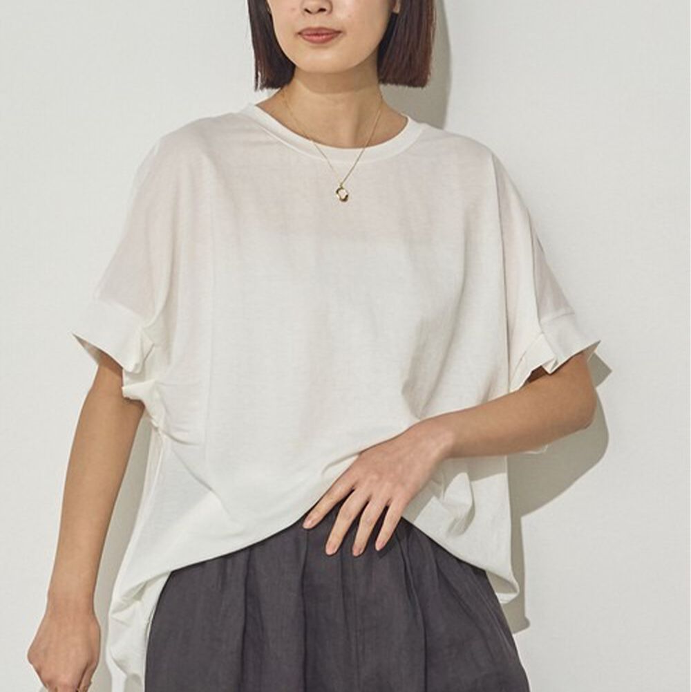 接觸涼感 寬鬆打摺短袖上衣-白