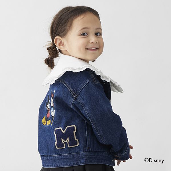 日本 petit main - 聯名款 經典印花廓形牛仔夾克-卡通人物米奇米妮-丹寧藍