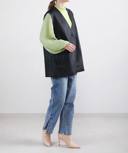 日本 Bou Jeloud - 異材質拼接百摺長袖上衣-萊姆黃