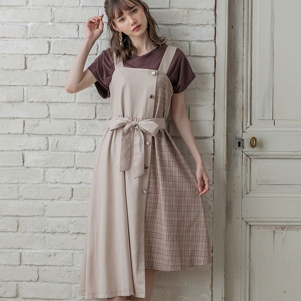 日本 GRL - 不規則格紋拼接綁帶吊帶裙-氣質杏