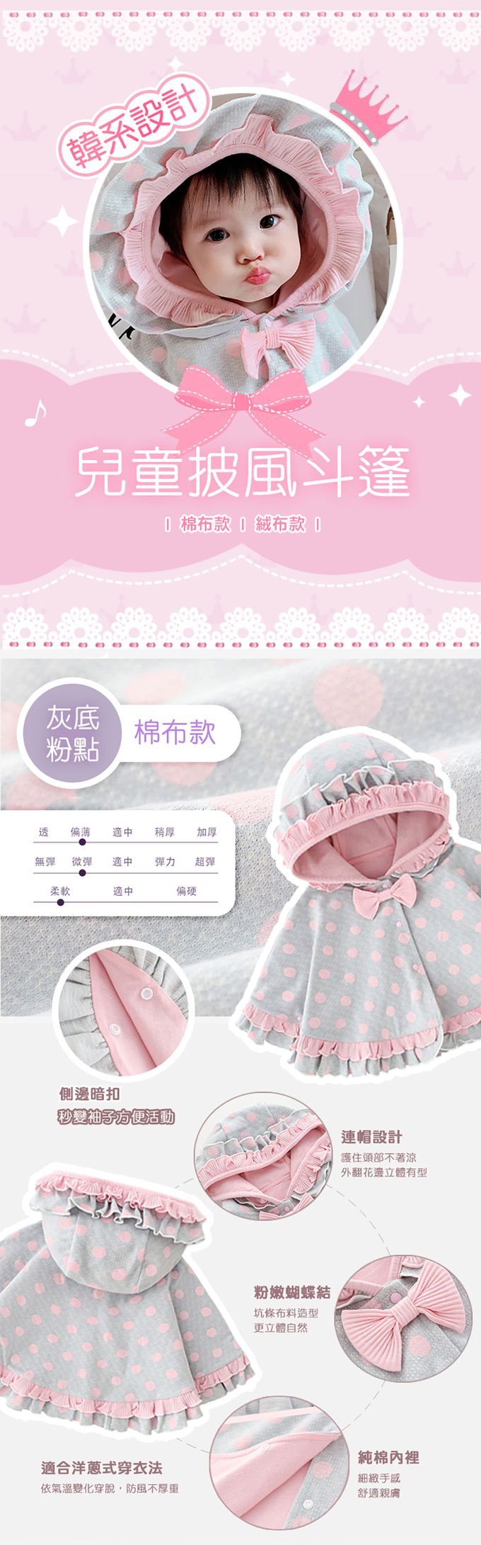 JoyNa - 保暖加絨斗篷 公主風 寶寶披風 加絨/棉布-灰底粉點花邊